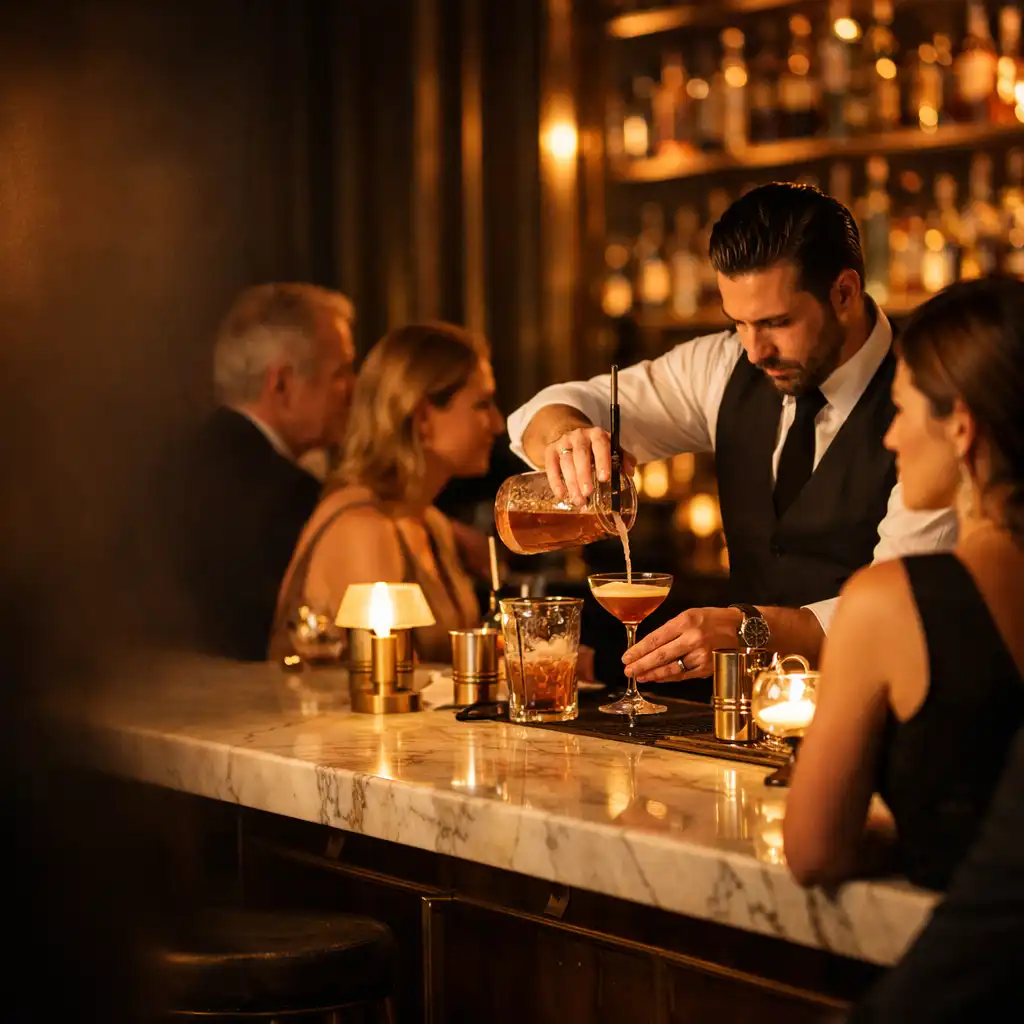 Elegancki bar koktajlowy wieczorem z gośćmi i barmanem